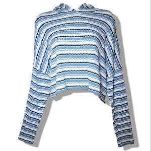 Abound Cropped Hooded Ribbed Long Sleeve Top Blue & White